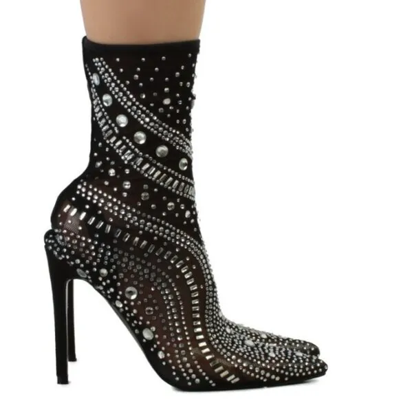 NWT $99 AZALEA WANG BLACK OPRY POINTED TOE EMBELLISHED STILLETO BOOTS SZ US 6
