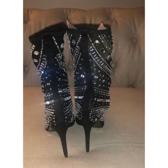 NWT $99 AZALEA WANG BLACK OPRY POINTED TOE EMBELLISHED STILLETO BOOTS SZ US 6