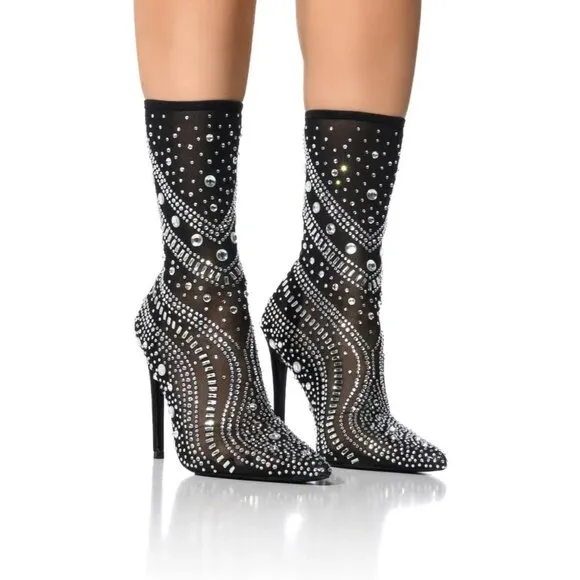 NWT $99 AZALEA WANG BLACK OPRY POINTED TOE EMBELLISHED STILLETO BOOTS SZ US 6