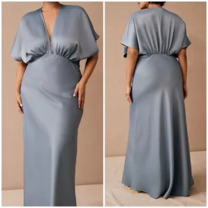 NWT BHLDN Leila Deep-V-neck Dress Steel Grey Satin Maxi Dress Gown US16