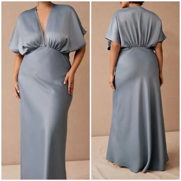 NWT BHLDN Leila Deep-V-neck Dress Steel Grey Satin Maxi Dress Gown US16