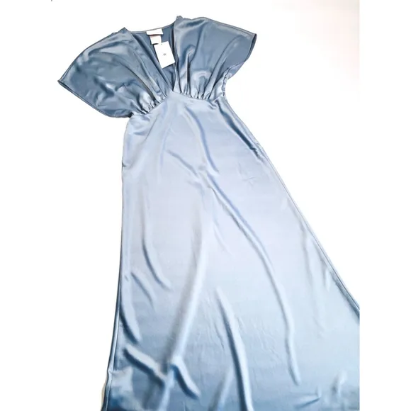 NWT BHLDN Leila Deep-V-neck Dress Steel Grey Satin Maxi Dress Gown US16