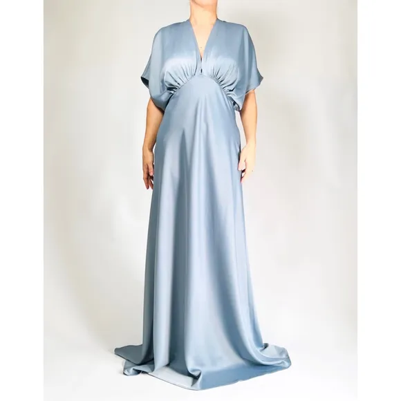 NWT BHLDN Leila Deep-V-neck Dress Steel Grey Satin Maxi Dress Gown US16