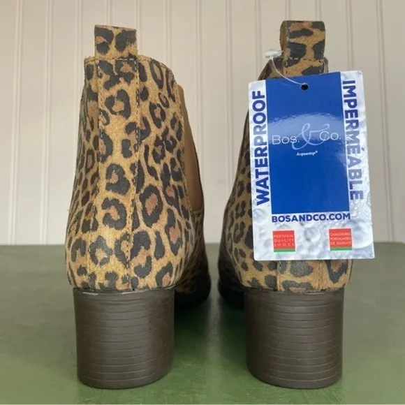 NWT Bos &amp; Co. RECAP Waterproof Faux Leopard Leather Chelsea Boots *Portugal*