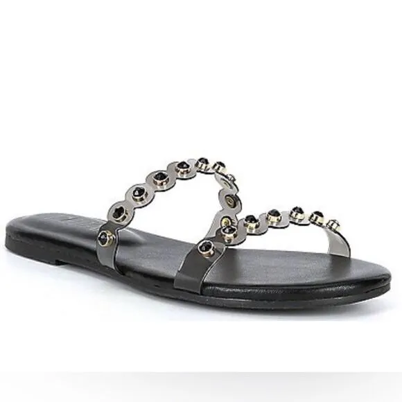 NWT Deltan Vinyl Black Rhinestones Embellished Banded Slides Sandals Size: 10