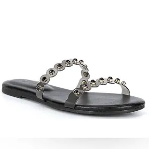 NWT Deltan Vinyl Black Rhinestones Embellished Banded Slides Sandals Size: 10
