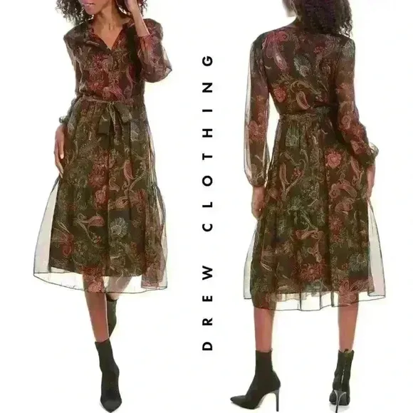 NWT - DREW - &quot;Blake&quot; Paisley Midi Dress in Noir