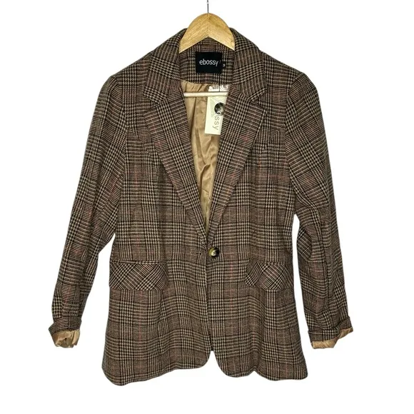 NWT FP Inspired Ebossy Houndstooth Blazer brown/tan/red M