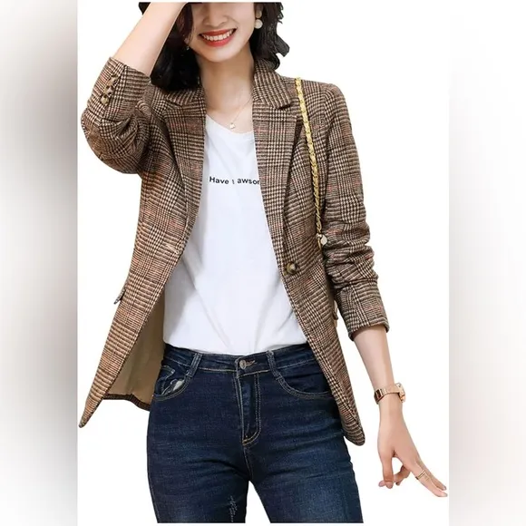 NWT FP Inspired Ebossy Houndstooth Blazer brown/tan/red M