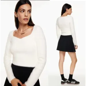 NWT Sunday Best Elsie Long Sleeve  Sweetheart-Neck Sweater White Women's Size XS