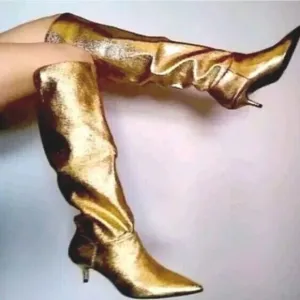 NWT ZARA Bloggers Favorite Gold Metallic Stretch Slouch Tall Kitten Heel Boots 6