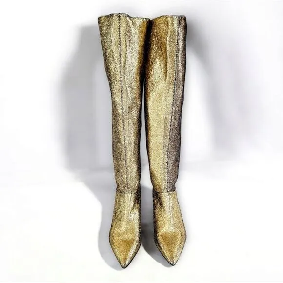NWT ZARA Bloggers Favorite Gold Metallic Stretch Slouch Tall Kitten Heel Boots 6