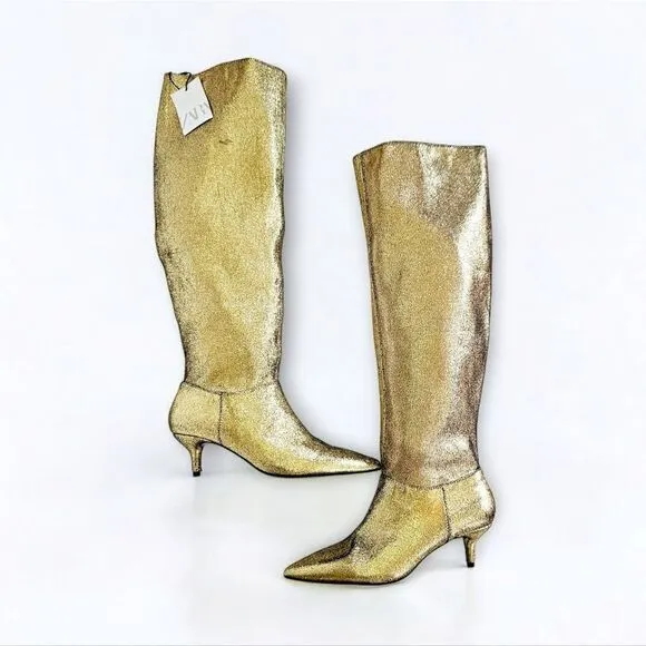 NWT ZARA Bloggers Favorite Gold Metallic Stretch Slouch Tall Kitten Heel Boots 6