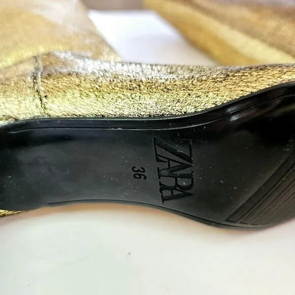 NWT ZARA Bloggers Favorite Gold Metallic Stretch Slouch Tall Kitten Heel Boots 6