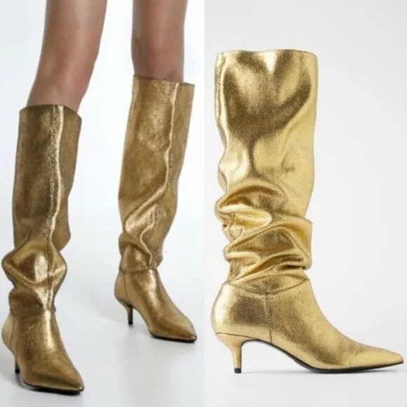 NWT ZARA Bloggers Favorite Gold Metallic Stretch Slouch Tall Kitten Heel Boots 6