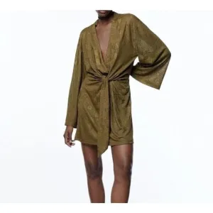 NWT Zara Olive Green Jacquard Dress S Small Holiday Christmas Floral Mini