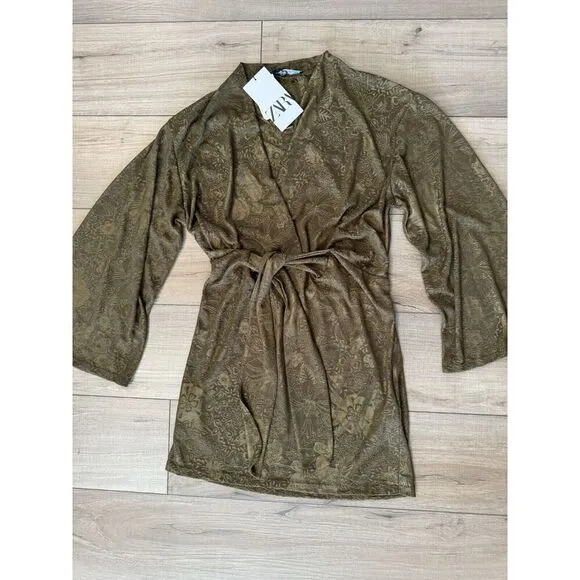 NWT Zara Olive Green Jacquard Dress S Small Holiday Christmas Floral Mini