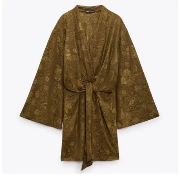 NWT Zara Olive Green Jacquard Dress S Small Holiday Christmas Floral Mini