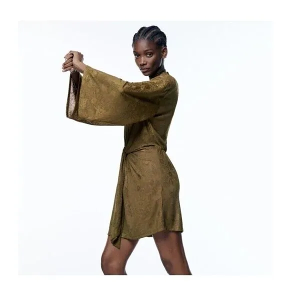 NWT Zara Olive Green Jacquard Dress S Small Holiday Christmas Floral Mini