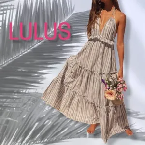 NWT LULUS Vacay Babe Grey Striped Halter Maxi Dress S