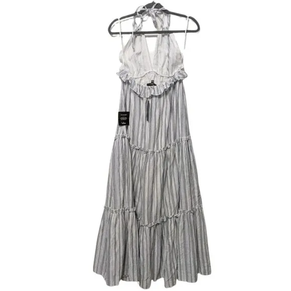 NWT LULUS Vacay Babe Grey Striped Halter Maxi Dress S