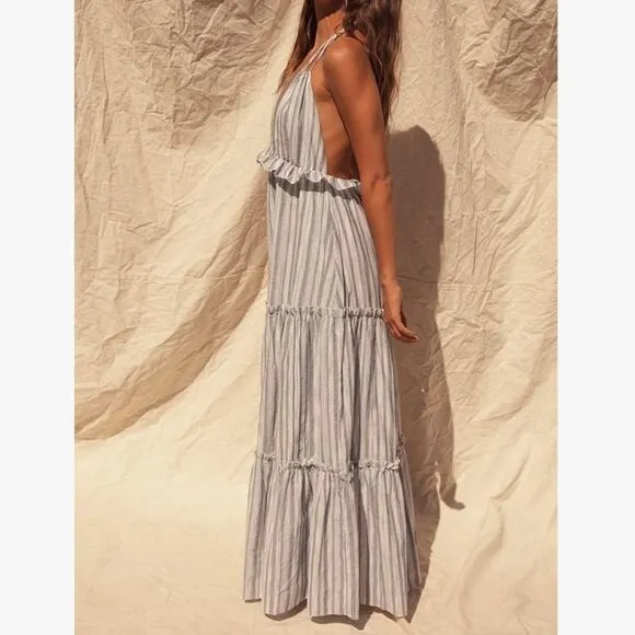 NWT LULUS Vacay Babe Grey Striped Halter Maxi Dress S