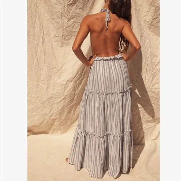 NWT LULUS Vacay Babe Grey Striped Halter Maxi Dress S