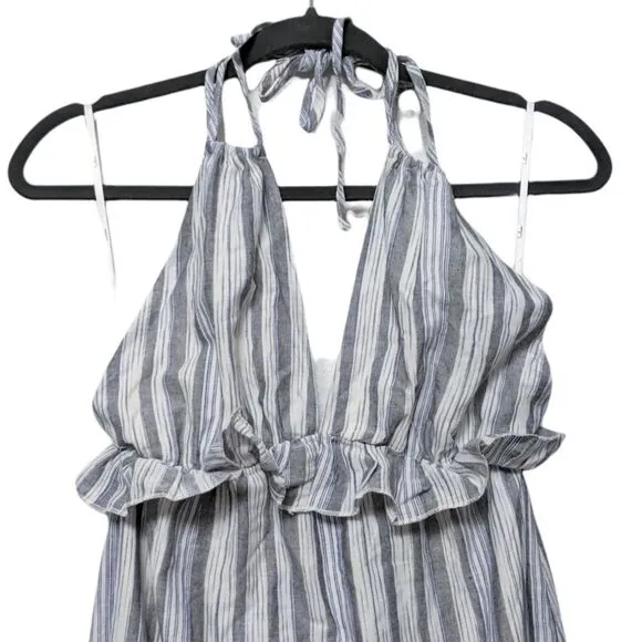 NWT LULUS Vacay Babe Grey Striped Halter Maxi Dress S
