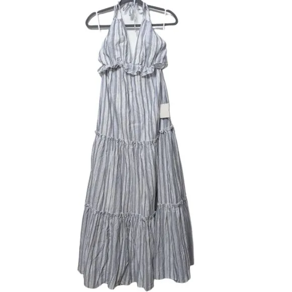 NWT LULUS Vacay Babe Grey Striped Halter Maxi Dress S