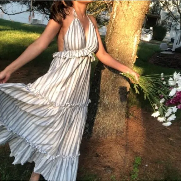 NWT LULUS Vacay Babe Grey Striped Halter Maxi Dress S