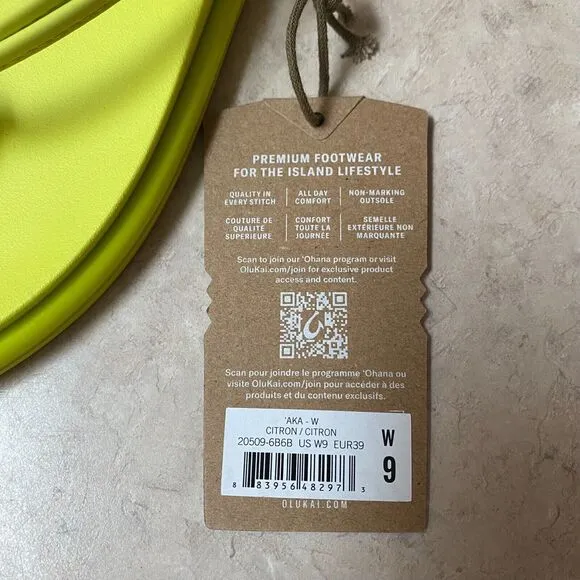 OluKai 'Aka Women’s Sandals Slippers Flip-Flops Citron Size 9 NEW Beach Comfort