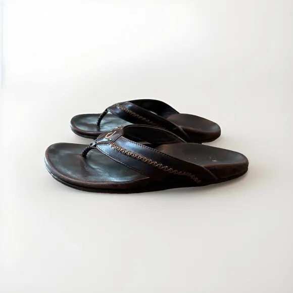 Olukai Mea Ola Leather Sandals - Dark Java - Size 10 Men's