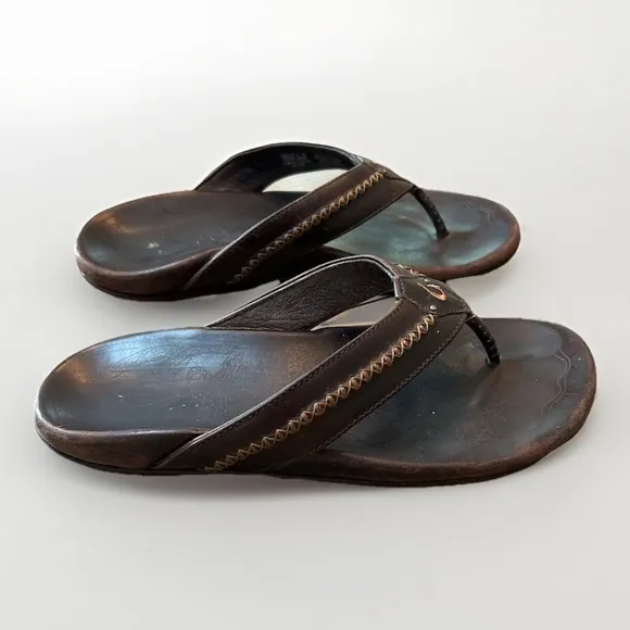 Olukai Mea Ola Leather Sandals - Dark Java - Size 10 Men's