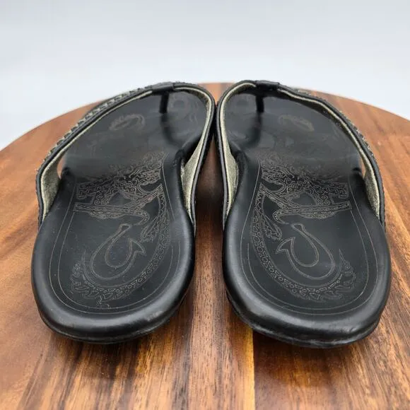 Olukai Mea Ola Sandals Men's 9 Black Leather Slip On Beach Thong Flip Flops