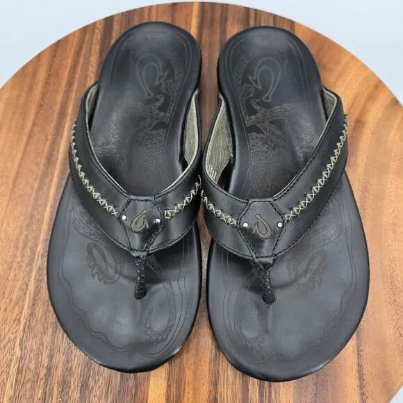 Olukai Mea Ola Sandals Men's 9 Black Leather Slip On Beach Thong Flip Flops