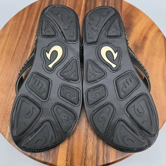 Olukai Mea Ola Sandals Men's 9 Black Leather Slip On Beach Thong Flip Flops