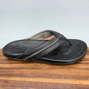 Olukai Mea Ola Sandals Men's 9 Black Leather Slip On Beach Thong Flip Flops