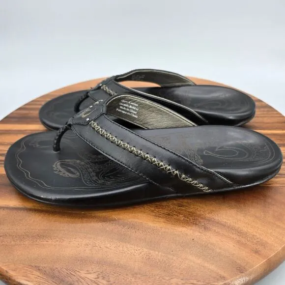 Olukai Mea Ola Sandals Men's 9 Black Leather Slip On Beach Thong Flip Flops