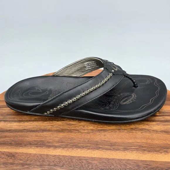 Olukai Mea Ola Sandals Men's 9 Black Leather Slip On Beach Thong Flip Flops