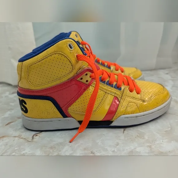 Osiris Woman's Neon Yellow Orange Blue High-Top Skate Shoes NYC Size 10