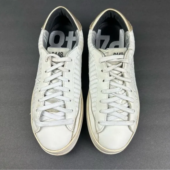 P448 Sneakers 38 White Lace Up Striped Womens Comfort Shoes US 7.5-8