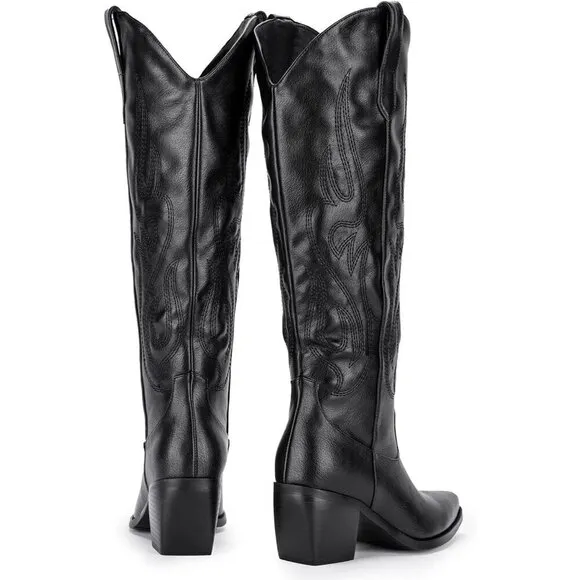 Pasuot Cowboy Boots Women Black Faux Leather Knee High Wide Calf Slip On Boots