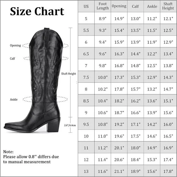 Pasuot Cowboy Boots Women Black Faux Leather Knee High Wide Calf Slip On Boots
