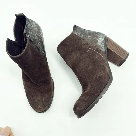 Paul Green Brown Burnished Leather Stacked Heel Rockin Ankle Boots Size 8