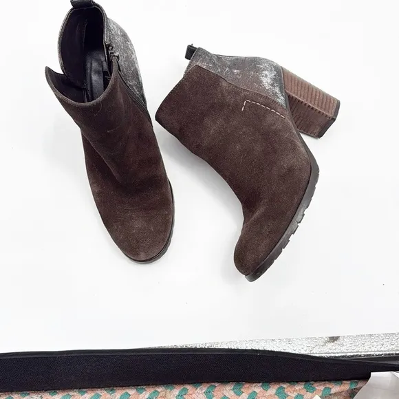 Paul Green Brown Burnished Leather Stacked Heel Rockin Ankle Boots Size 8