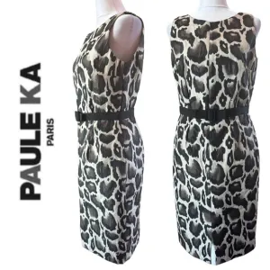 PAULE KA 40 US 6 Animal Print Belted Lined Dress Vintage Designer Leopard print