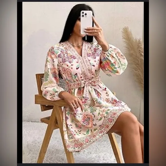 Pink floral paisley balloon puff sleeve belted waist mini dress so fun XS