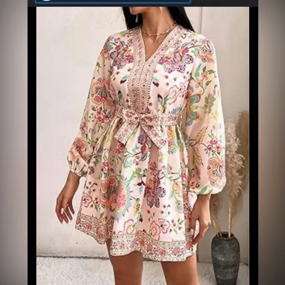 Pink floral paisley balloon puff sleeve belted waist mini dress so fun XS