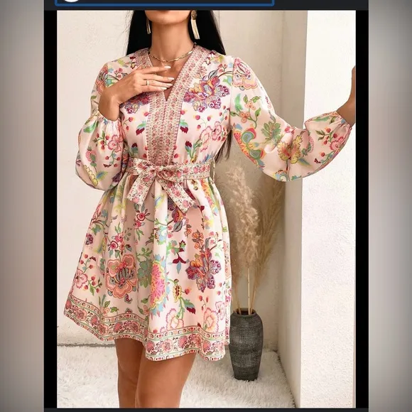 Pink floral paisley balloon puff sleeve belted waist mini dress so fun XS