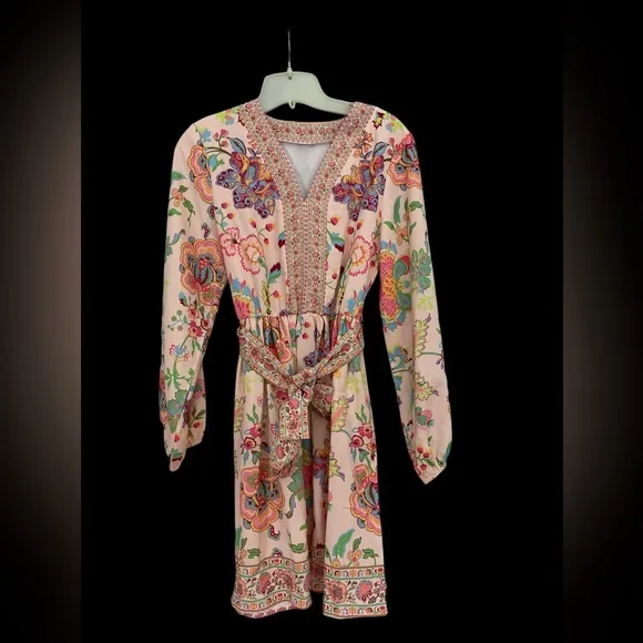 Pink floral paisley balloon puff sleeve belted waist mini dress so fun XS
